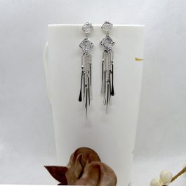 Silver Stone Adorned Chain Tassel Designed Earrings For Women