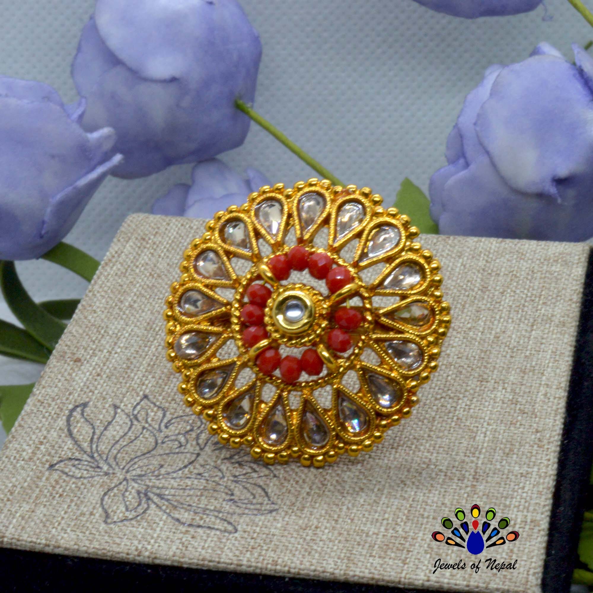 Golden/Multicolored Faux Crystal & Stones Beaded Adjustable Big Statement Finger Ring For Women - Image 3