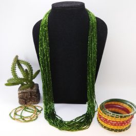 Green Chunky Potey Mala And 12 Pcs Green/Red Stone Studded Bangles With Free Crystal Potey