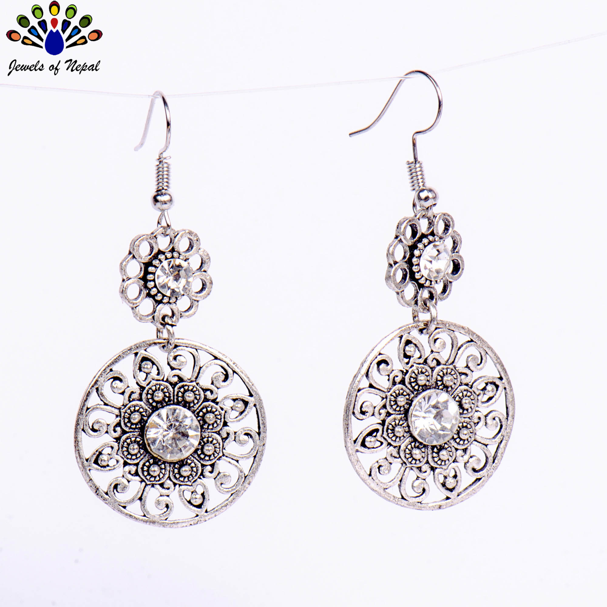 Golden/Silver Double Round Cutout Patterned Circular Drop Danglers For Women - Image 2