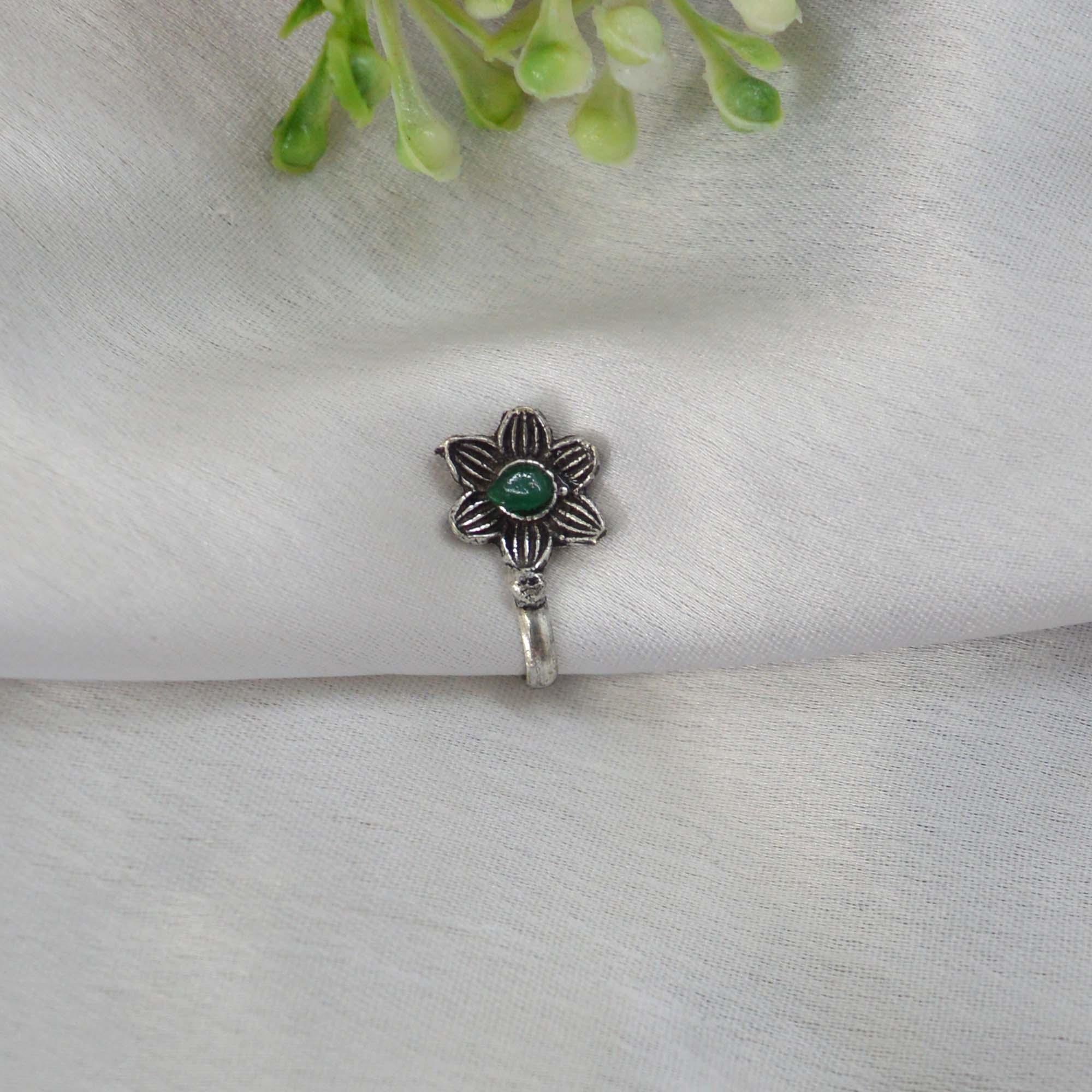 Oxidized Silver Toned Stone Clip on Nose Ring / Nathi/ Nathiya For Women- 1pc - Image 71