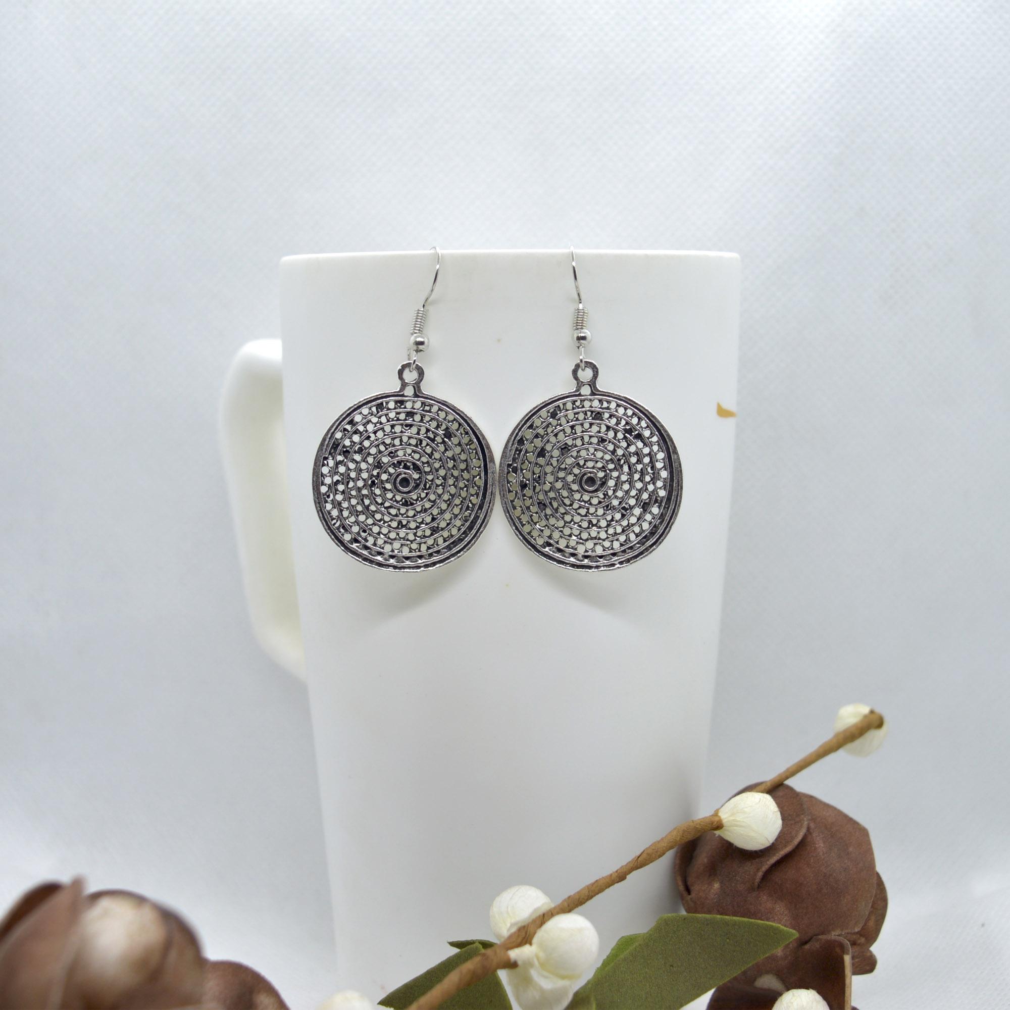 Silver Spiral Patterned Circular Earrings For Women - Image 2