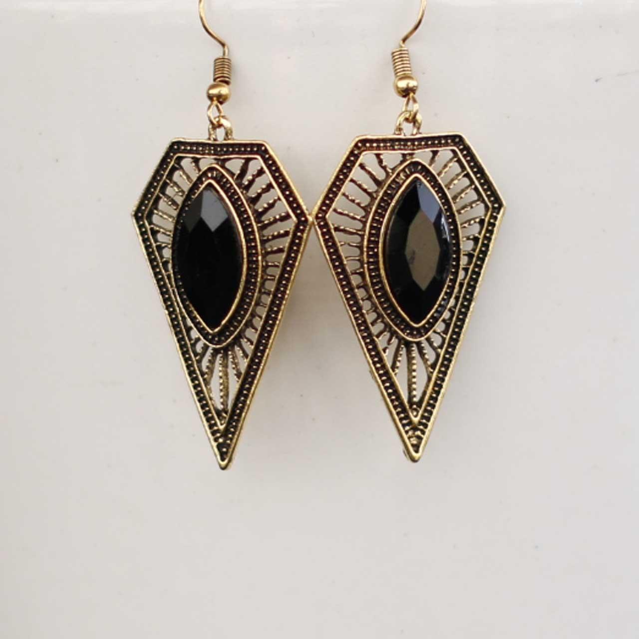 Gold/Black Stoned Diamond Shaped Patterned Earrings For Women