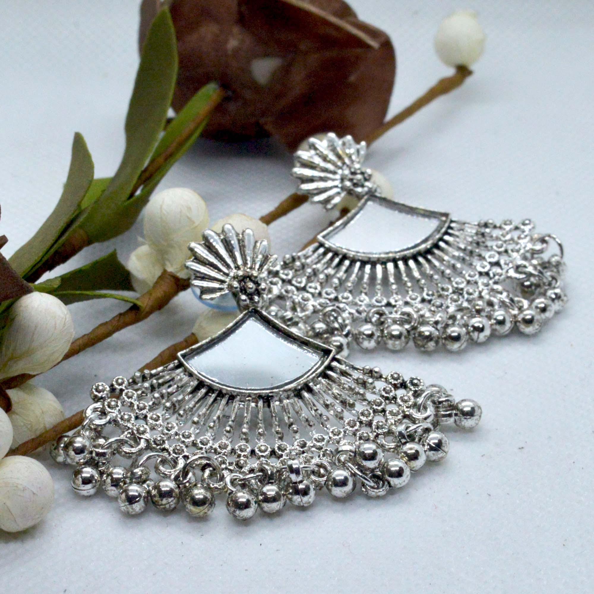 Fan Style Mirror Adorned Silver Toned Shell Top Earrings For Women - Image 2
