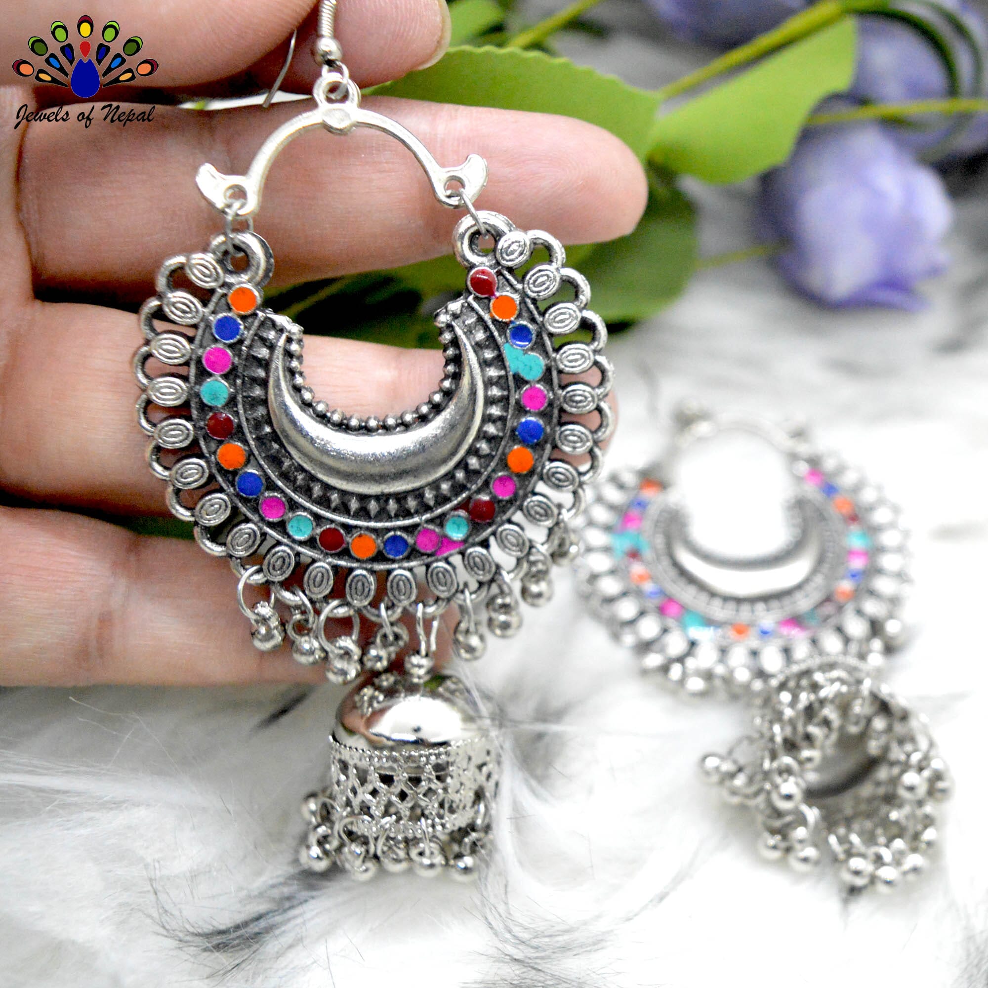 Silver Toned Chandbali Pinjada Drop Earrings - Jewels of Nepal