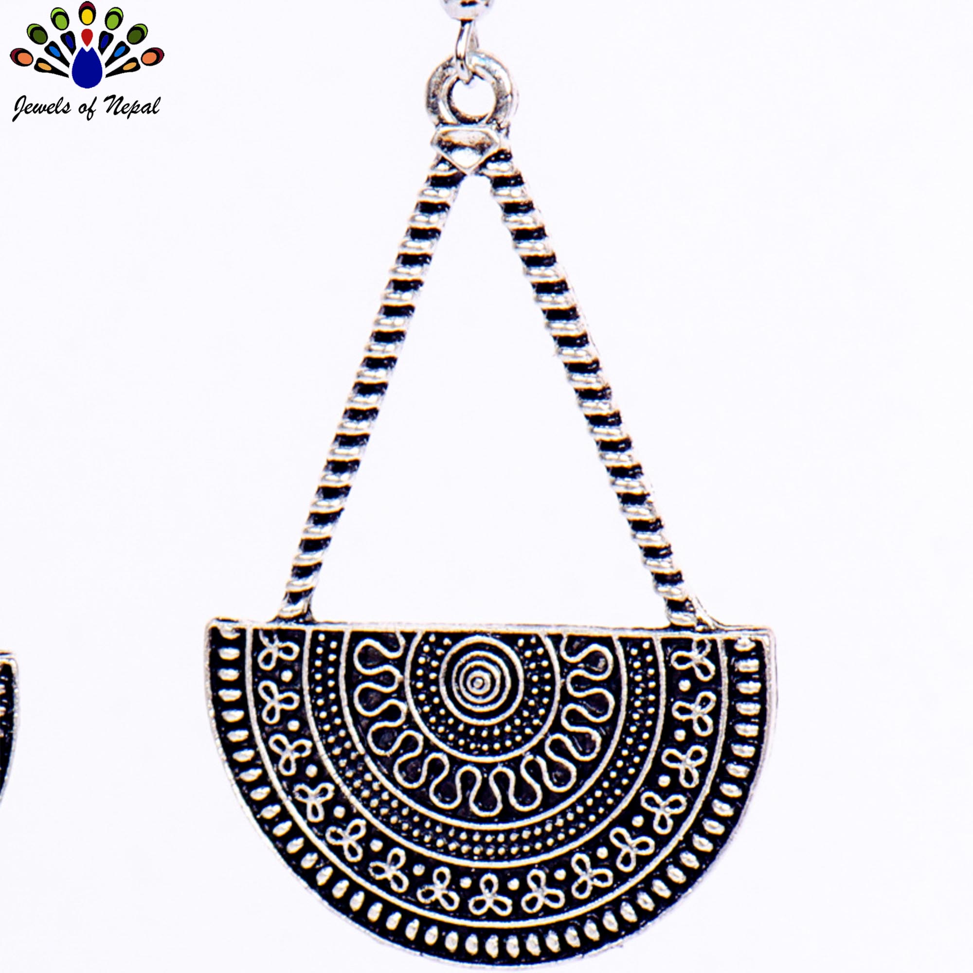 Silver Mandala Patterned Half Circular Dangling Earrings - Image 2