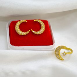 Jewels Of Nepal Gold Plated Crescent Moon Ear Studs and Finger Ring Set For Women