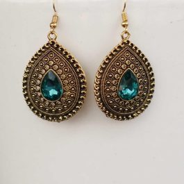 Gold/Sea Green Stone Patterned Earrings For Women