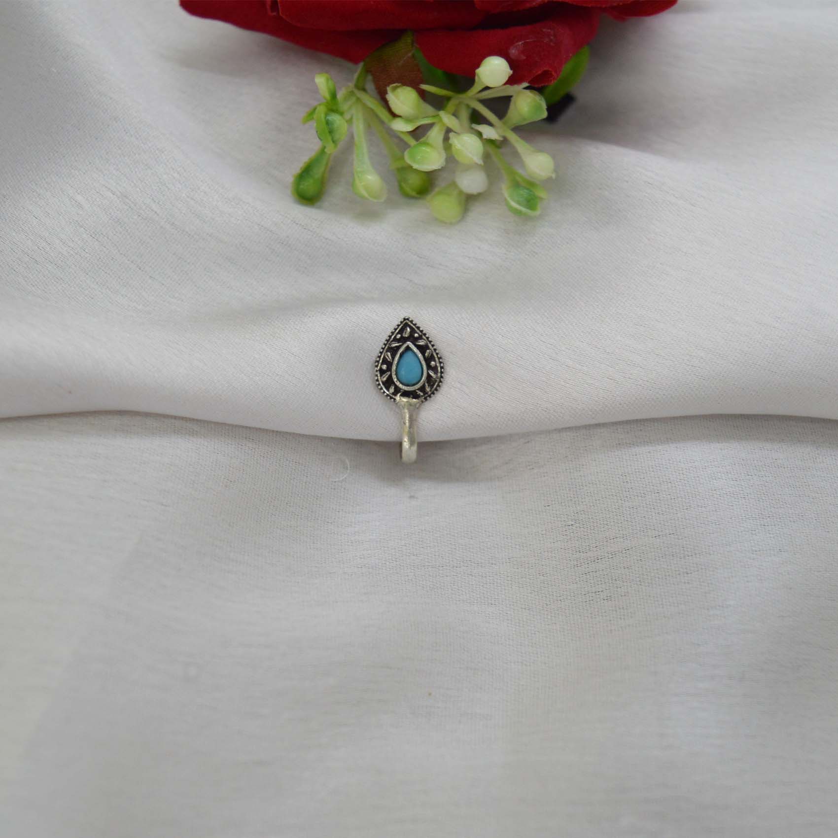 Oxidized Silver Toned Stone Clip on Nose Ring / Nathi/ Nathiya For Women- 1pc - Image 2