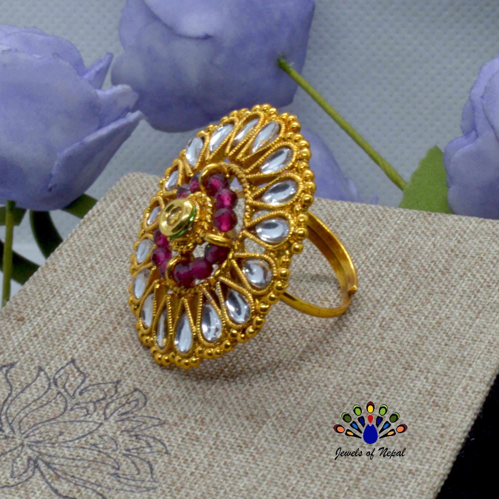 Golden/Multicolored Faux Crystal & Stones Beaded Adjustable Big Statement Finger Ring For Women - Image 4