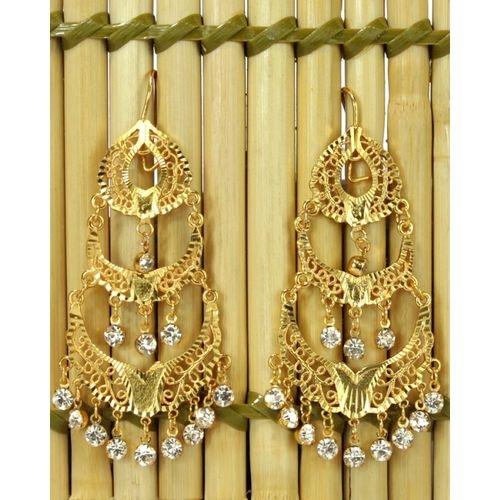 24K Gold Plated Tripple Layered White Stone Studded Jhumka Earrings For Women