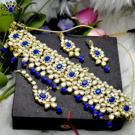Blue/White Adjustable Choker Set With Earrings & Maangtika