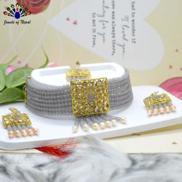 Faux Moti/Crystal Beaded Square Tasseled Choker Necklace and Earrings Set