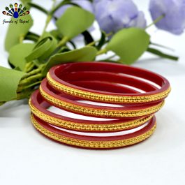 Golden/Red 24K Gold Plated Dot Textured Frame Bangles For Women- 4 Pcs