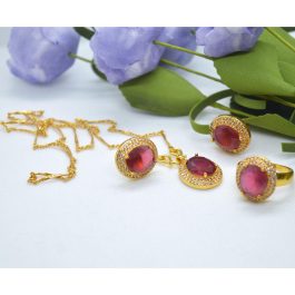 Golden Plated- Red Faux Ruby And Stones Studded Set For Women