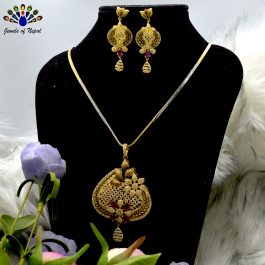 Statement American Diamond  & Faux Ruby Pendant Chain & Ear Studs Set For Women