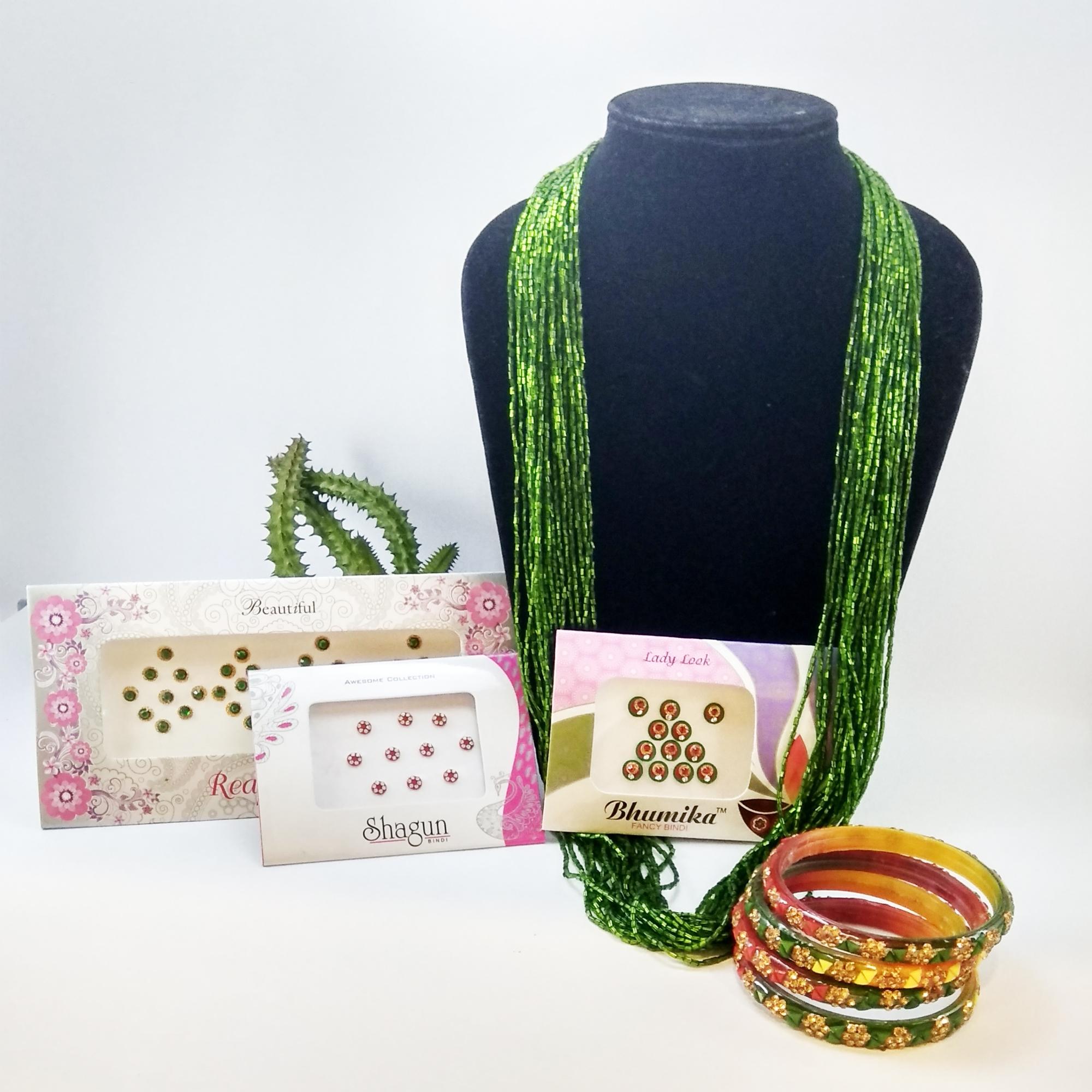 Green Chunky Potey Mala And Green/Red Stone Studded Bala - Free 3 Pkts Bindi
