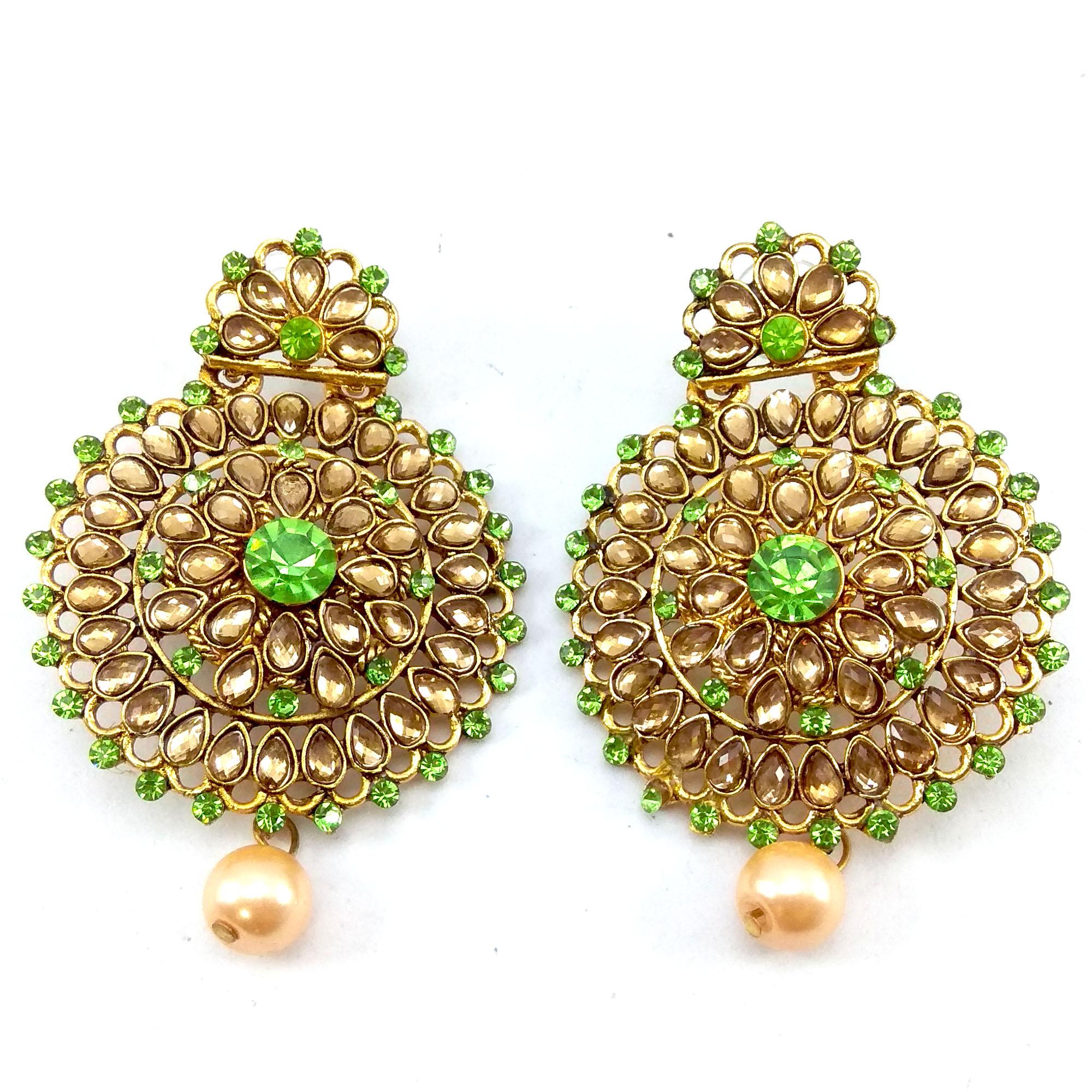 Golden/Lime Green Stone Studded Faux Moti Drop Style Circular Earrings - Image 2