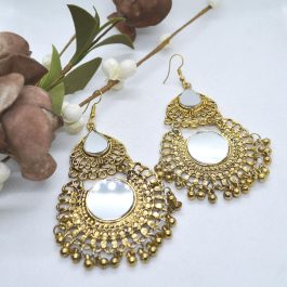 Leaf Shaped Double Mirror Silver Toned Earrings For Women