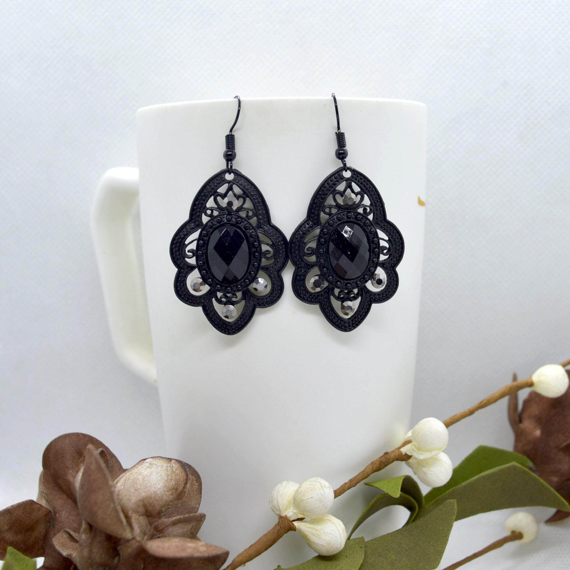 Silver/Black Self Patterned Drop Earrings For Women - Image 2