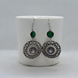 Green/Silver Mandala Patterned Round Drop Earrings For Women