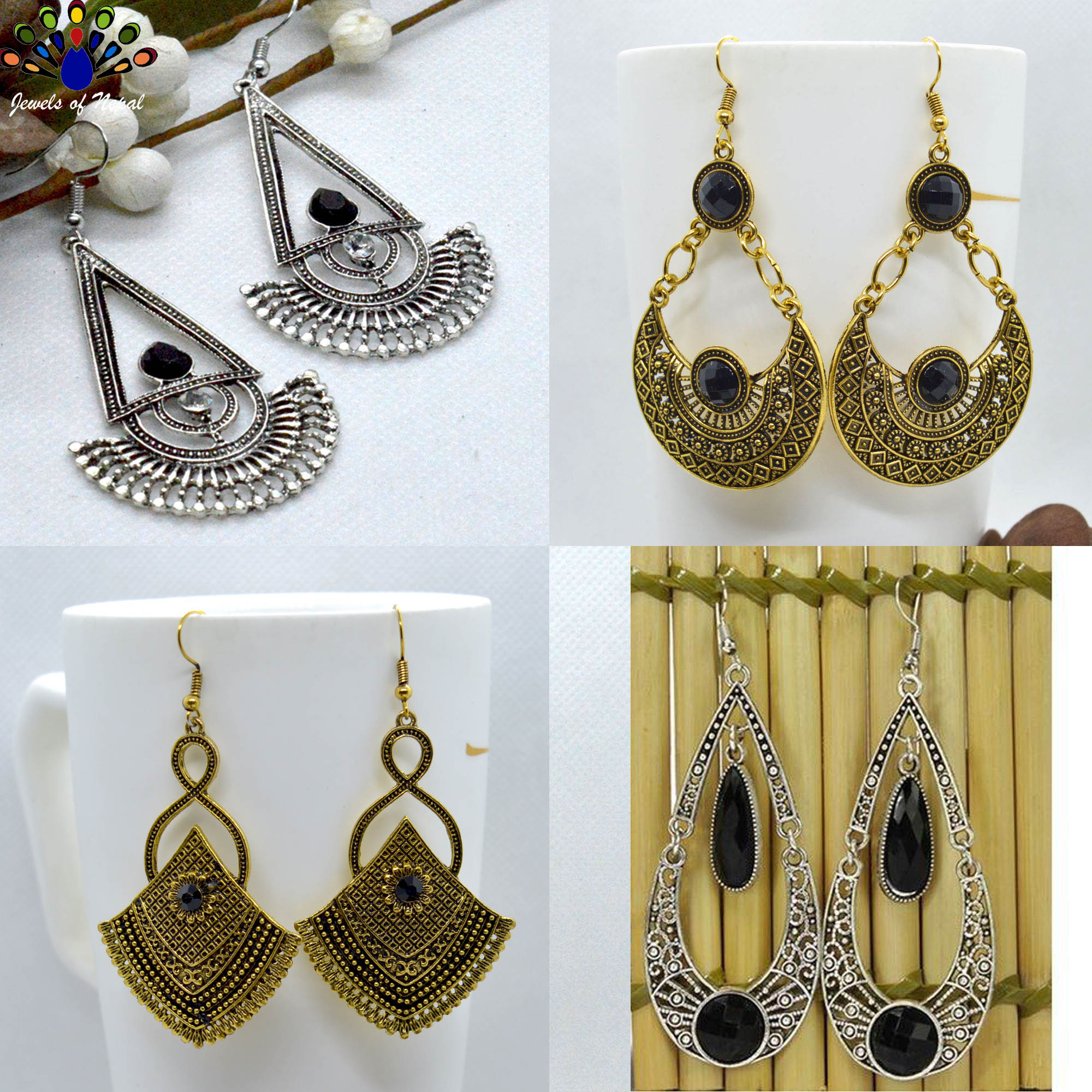 Combo of 4 Silver/Golden Stoned Long Drop Earrings For Women