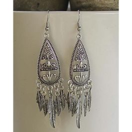 Silver Textured Drop Feather Earrings For Women