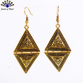 Golden Tribal Patterned Double Triangle Golden/Black Earrings For Women