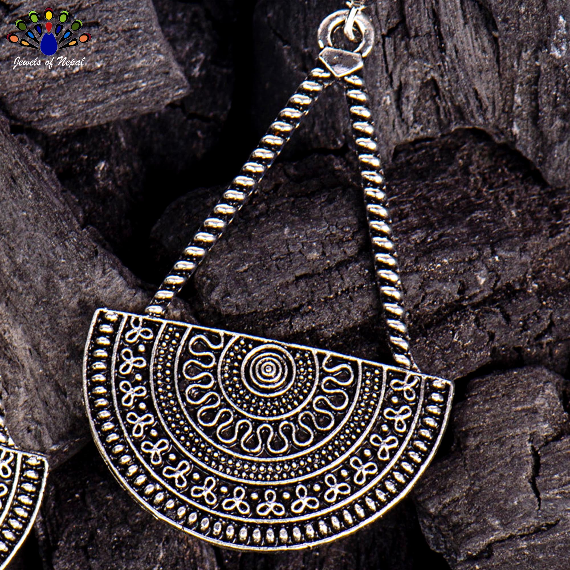 Silver Mandala Patterned Half Circular Dangling Earrings - Image 3