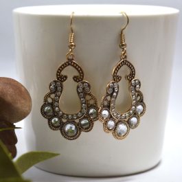 Rustic Golden/White Rhinestone Studded Vintage Style Drop Danglers For Women