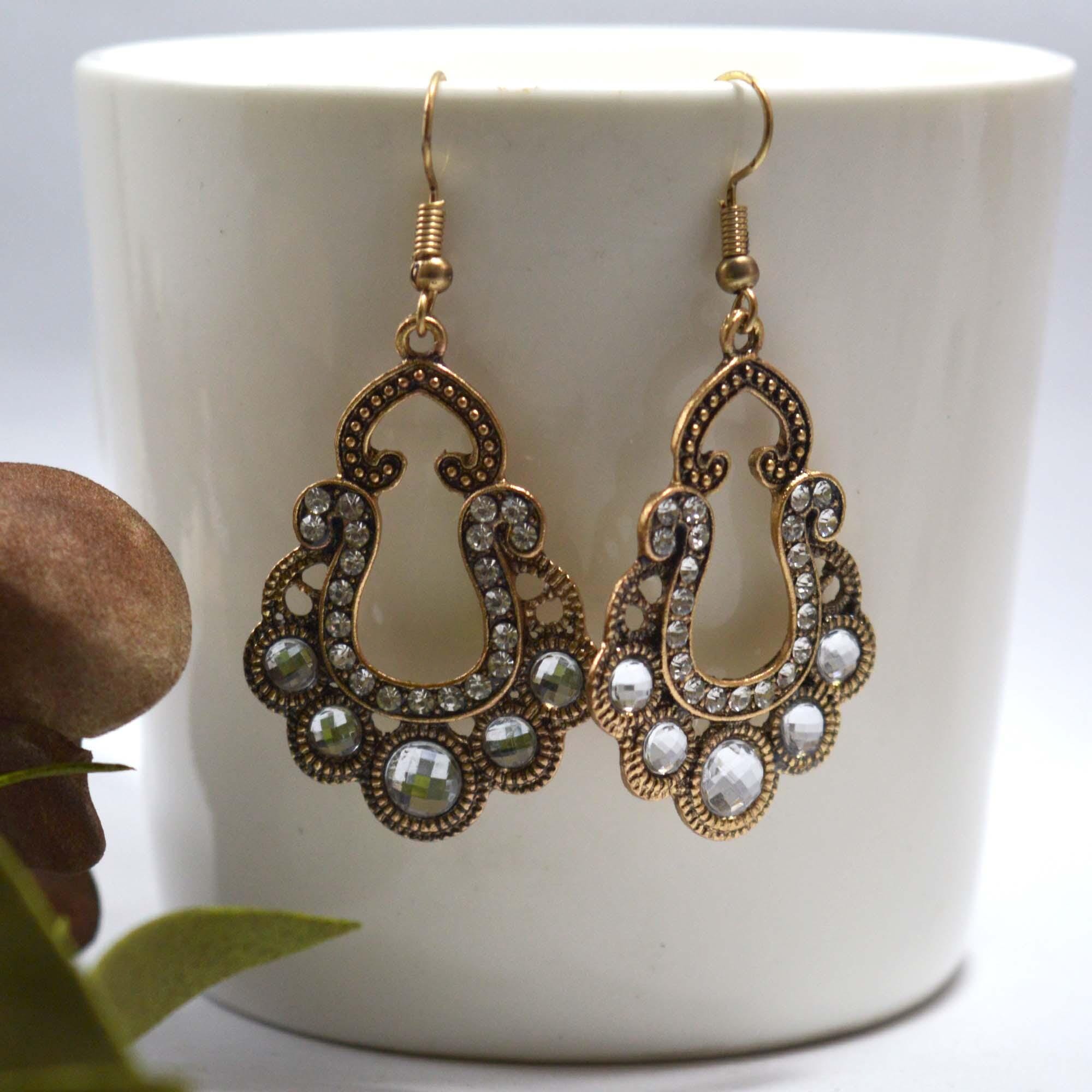 Rustic Golden/White Rhinestone Studded Vintage Style Drop Danglers For Women