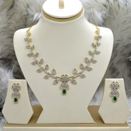 Jewels of Nepal American Diamond / Cubic Zirconia 5A Studded Leaves Designed Necklace and Earrings Set for Women