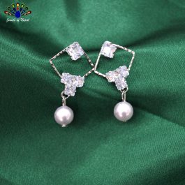 Jewels of Nepal Rose Gold/White CZ Stone Studded Faux Moti Drop Earrings For Women