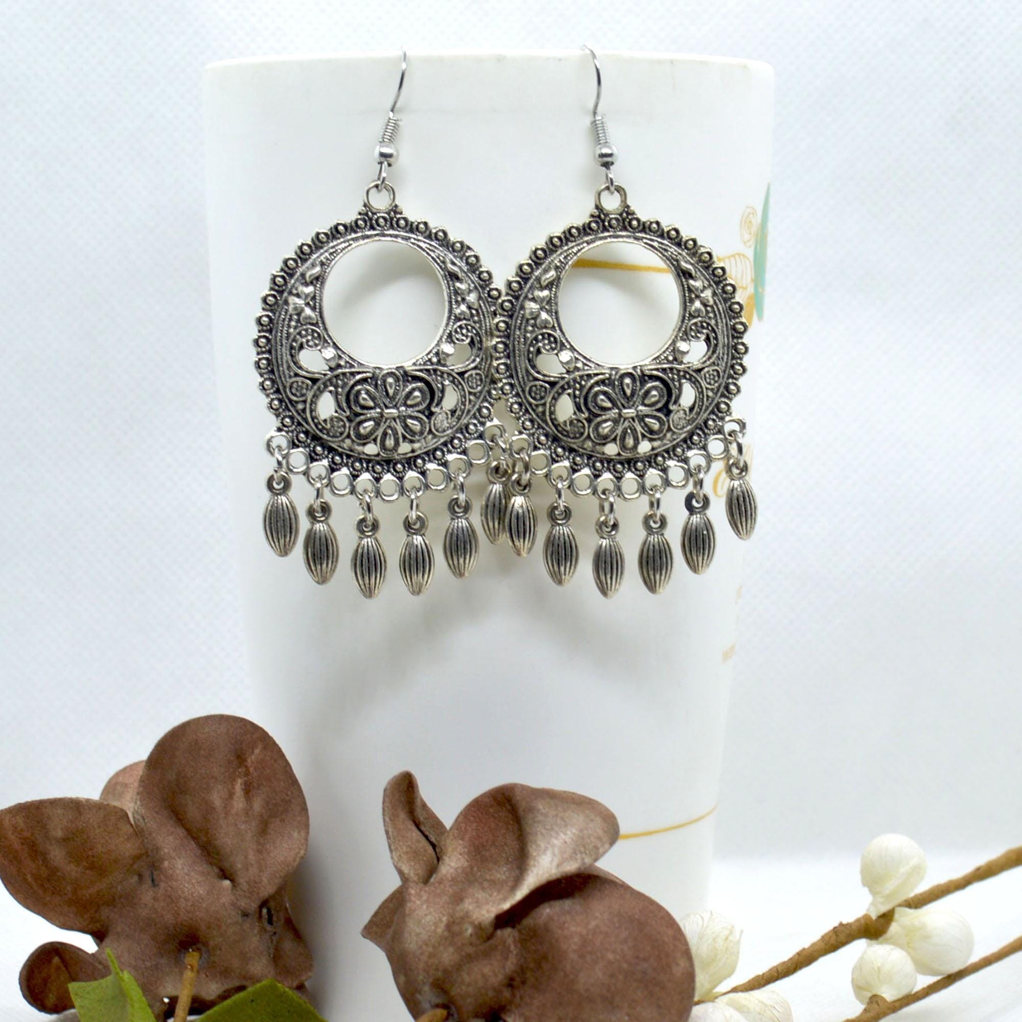Silver Metal Encircled Dangle Earrings