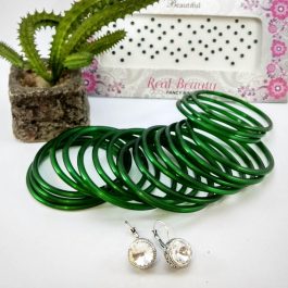 Green Glossy Bangles And White Stone Encircled Earrings Set With Free Tika Packet
