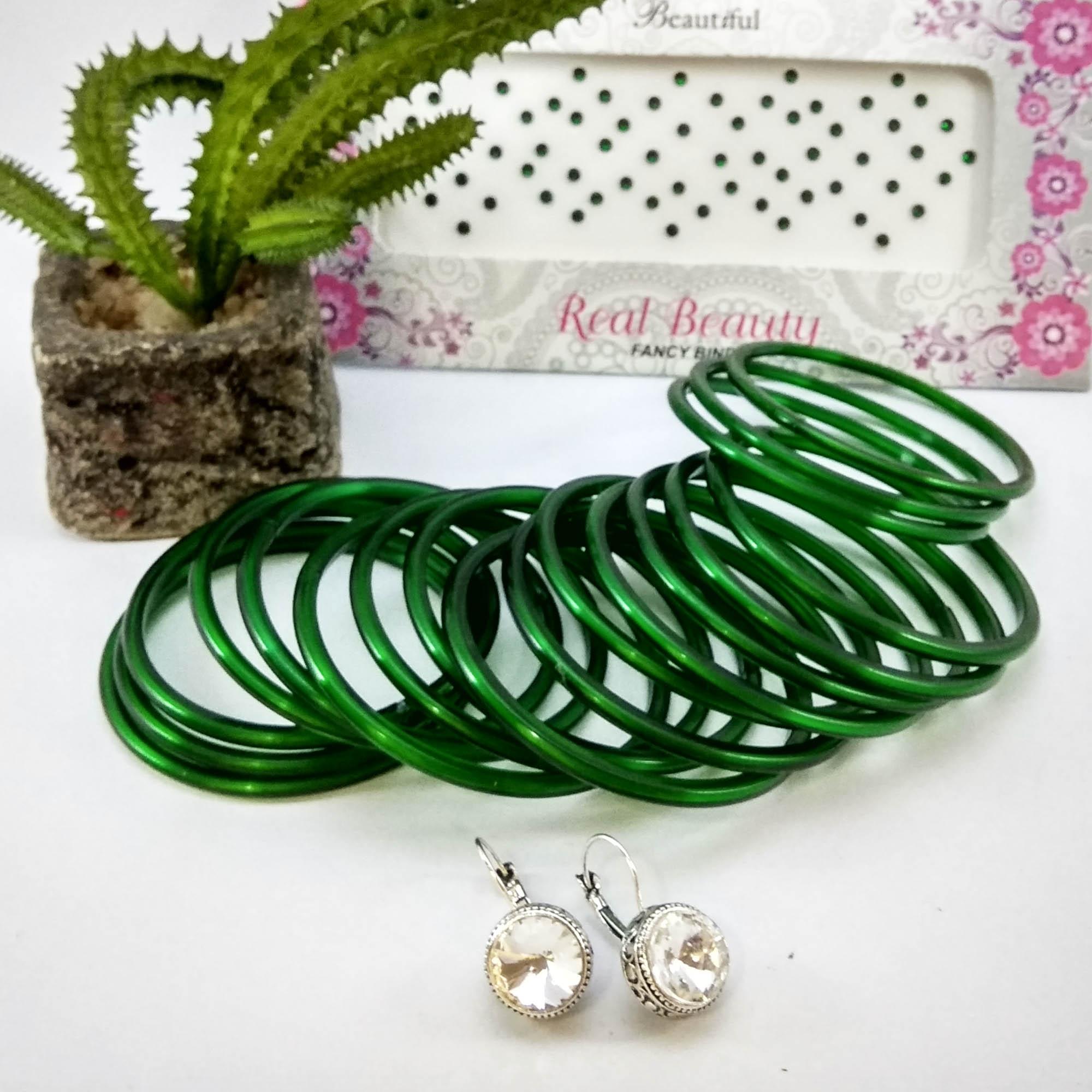 Green Glossy Bangles And White Stone Encircled Earrings Set With Free Tika Packet