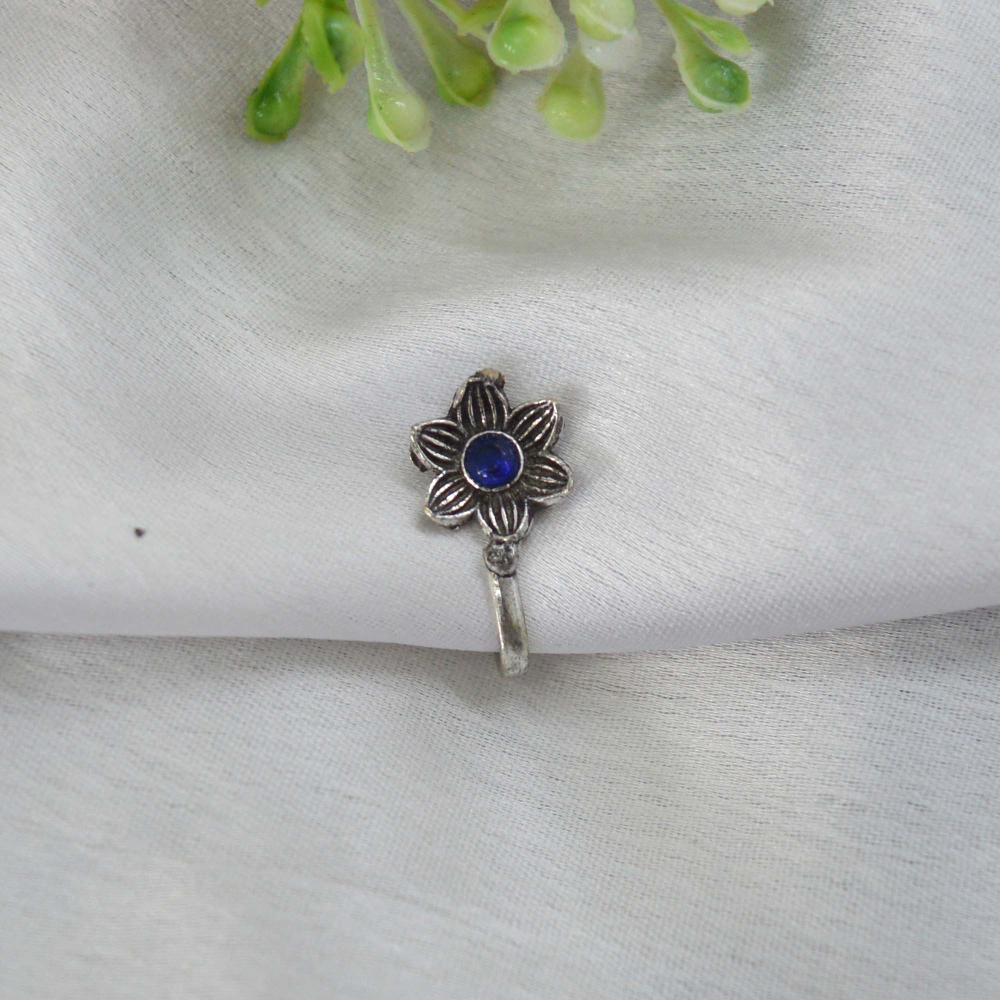Oxidized Silver Toned Stone Clip on Nose Ring / Nathi/ Nathiya For Women- 1pc - Image 8