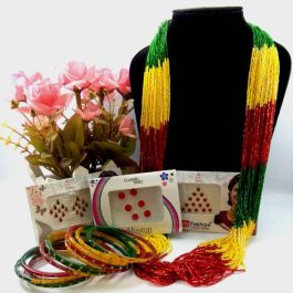Pack Of Potey Mala+Green/Red Stone Studded Bangles With Free Bindis(3 Packets)- Green/Red/Yellow