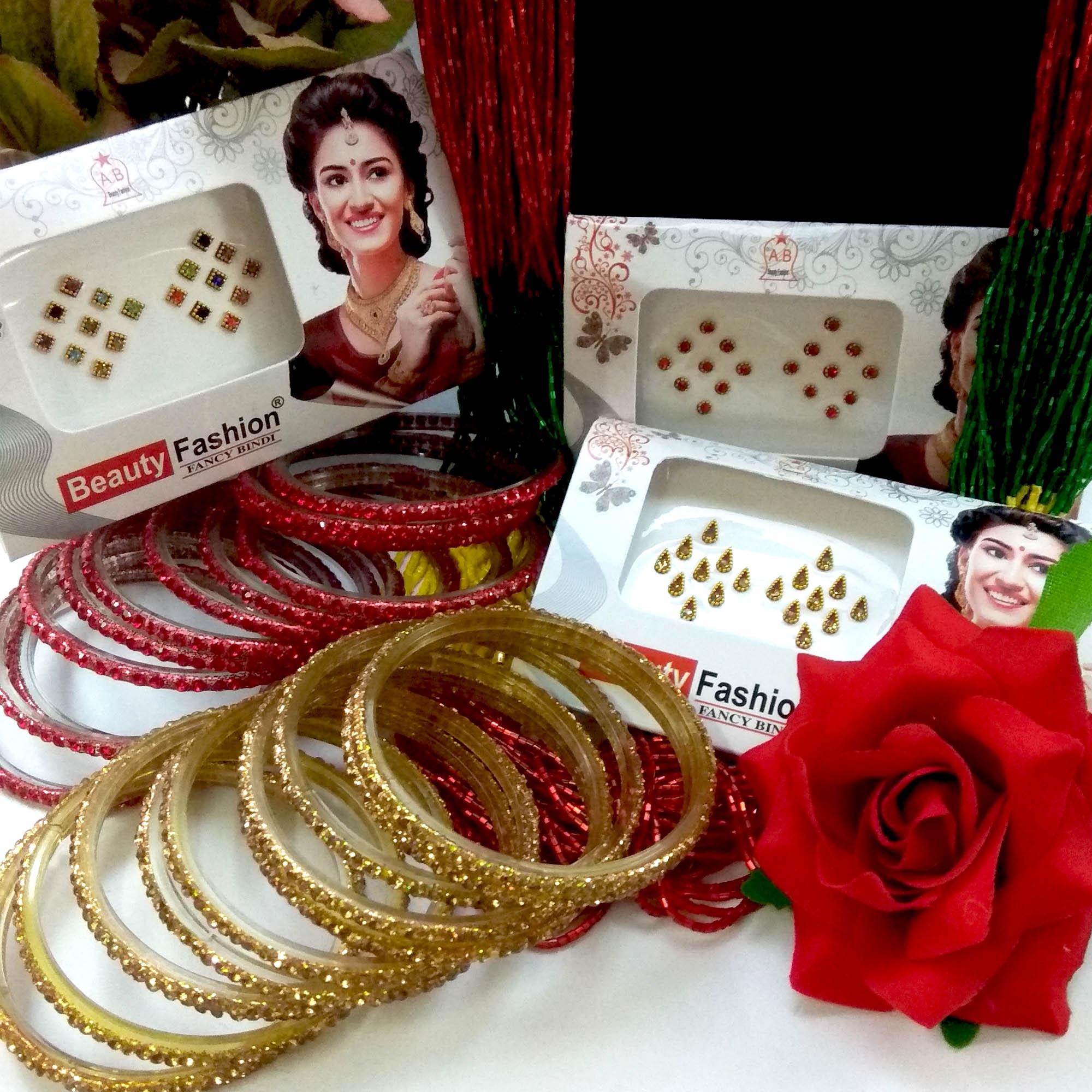 Combo Of Green/Red/Yellow Potey Mala- Golden/Red Stone Studded Bangles With Free Juro Flower And Bindis (3 Packets) - Image 2