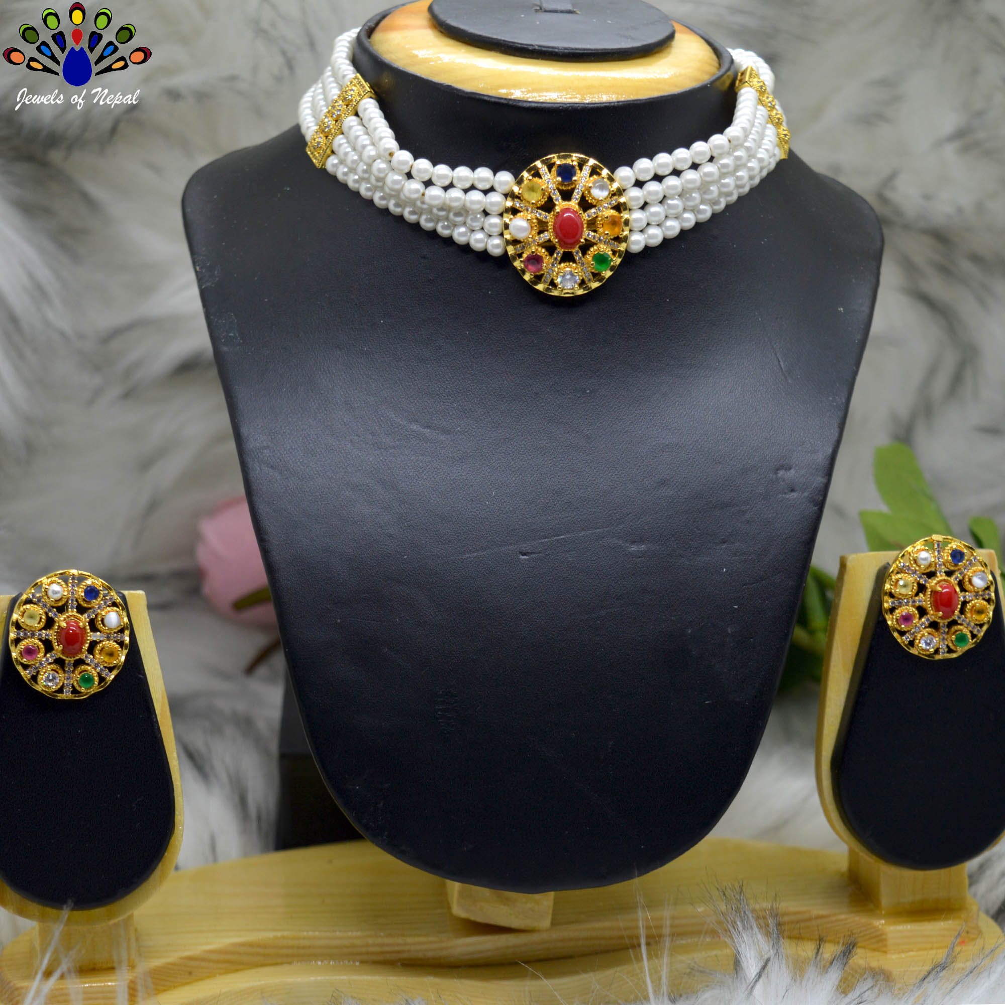 Jewels of Nepal Gold Plated Faux Navratna & Moti Beaded Choker Jewelry Set for Women