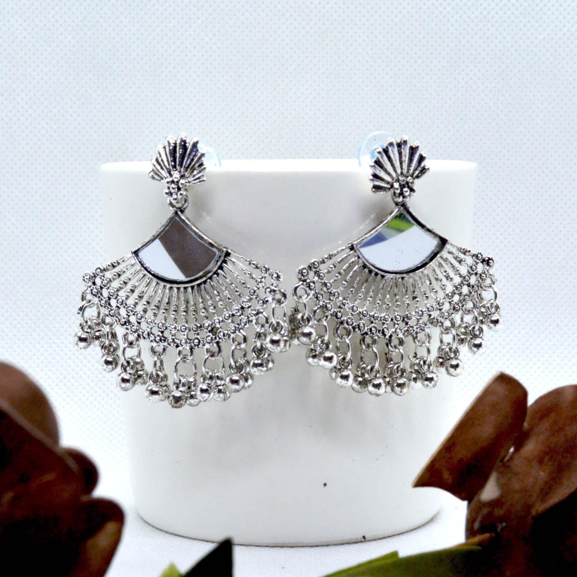 Fan Style Mirror Adorned Silver Toned Shell Top Earrings For Women - Image 5