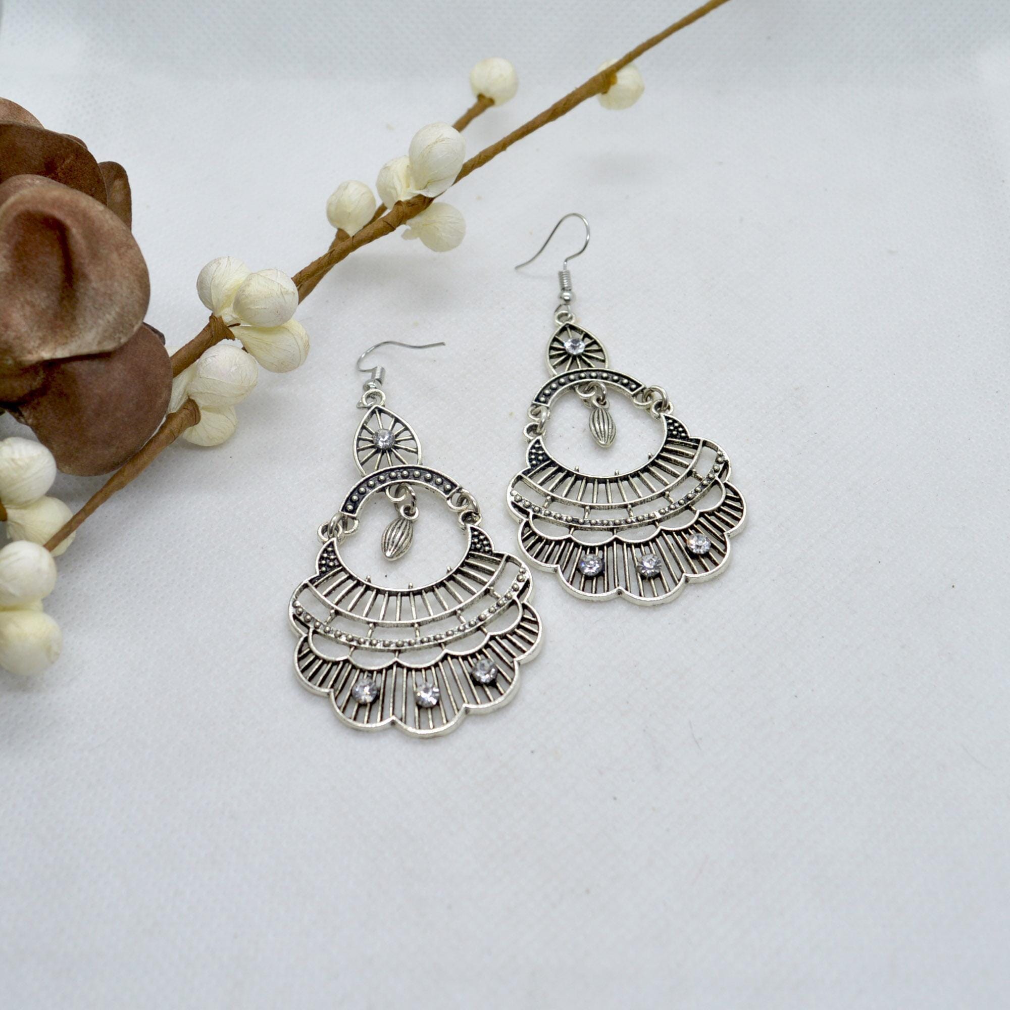 Silver/White Stoned Shell Patterned Drop Earrings For Women