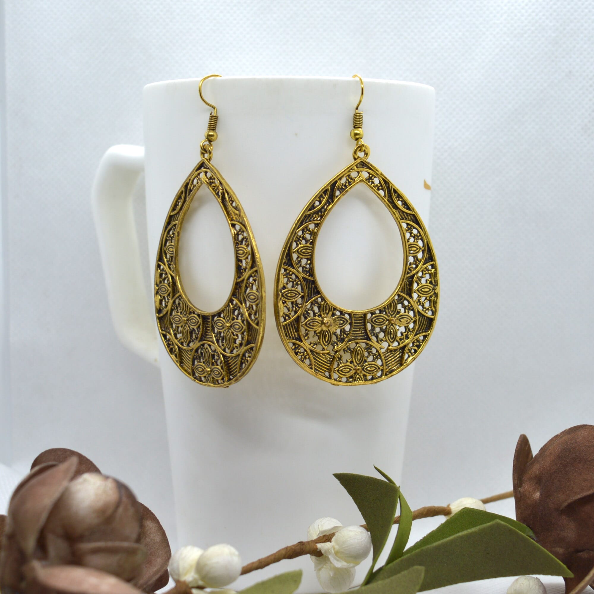 Jewels Of Nepal Golden Floral Dangler Earrings For Women - Image 3