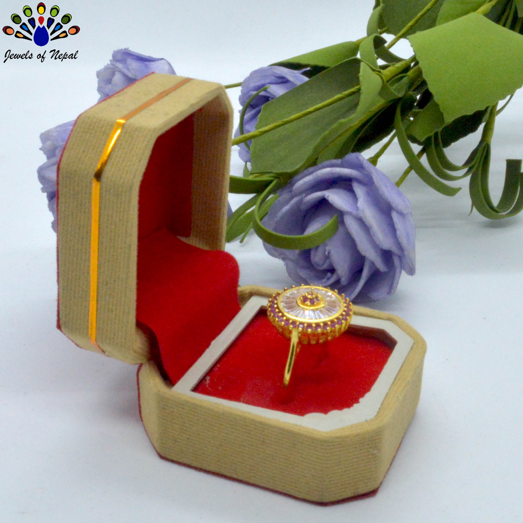 Gold Plated White/Red American Diamond Stone Studded Finger Ring For Women - Image 3