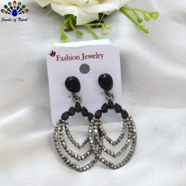 Jewels of Nepal Black/Silver Stone Studded Oval Dangling Earrings for Women