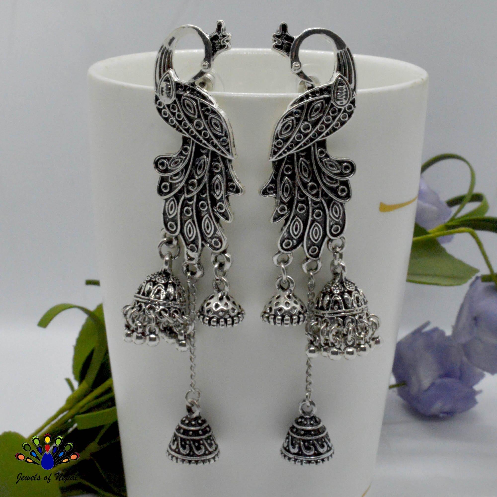 Golden/Silver Peacock Designed Pinjada Drop Earrings For Women - Image 3