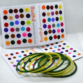 Green/Yellow Cut Patterned Glass Bangles And Multicolored Velvet Big Tika Set