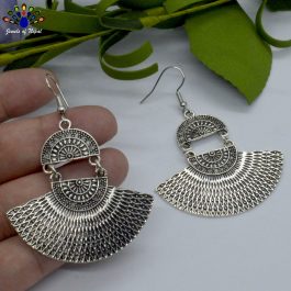 Oxidized Silver/Golden Toned Tribal Patterned Fan Design Drop Earrings- Jewels of Nepal