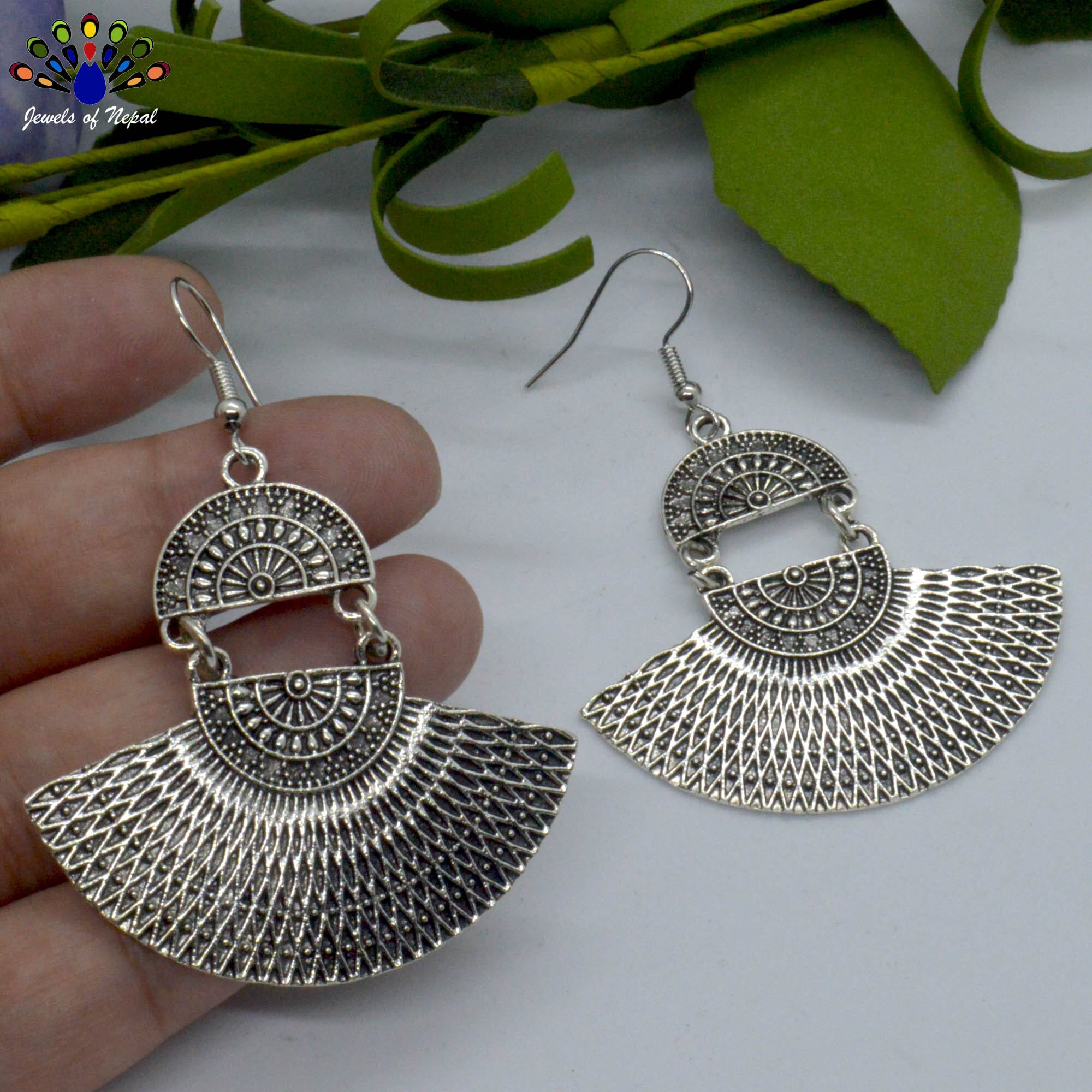 Oxidized Silver/Golden Toned Tribal Patterned Fan Design Drop Earrings- Jewels of Nepal
