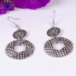 Silver Aztec Patterned Dangling Earrings for Women- Jewels of Nepal